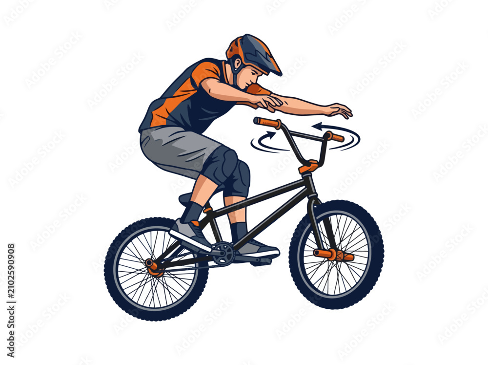 Fototapeta premium A BMX rider performing a barspin trick in mid-air.
