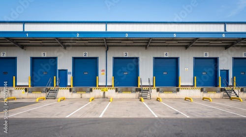 A modern industrial warehouse facade featuring a row of numbered blue loading dock doors, white corrugated siding, and marked parking spaces under a clear blue sky.