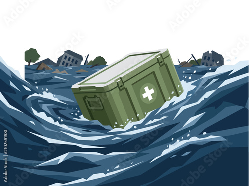 Fotografie A standard medical crate drifts amidst a flooded cityscape, highlighting disaster relief and urgent aid