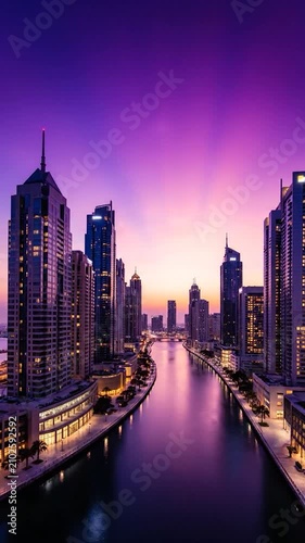 Modern city skyscrapers line a calm river at purple sunset