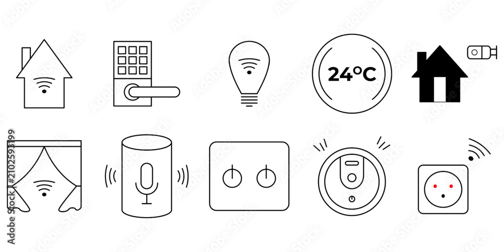 Fototapeta premium Smart Home and Internet of Things IoT Technology Vector Icon Set. 