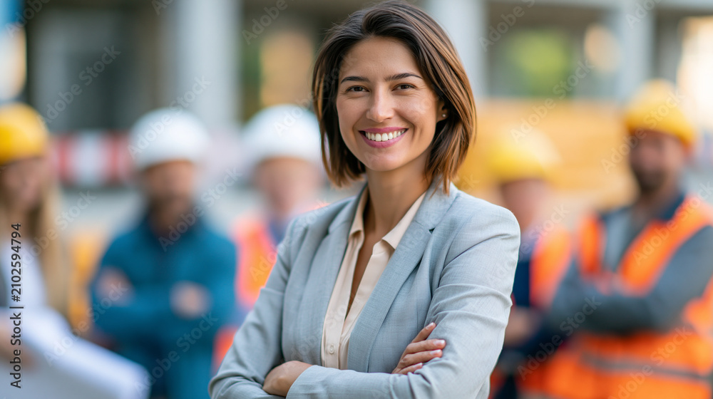 Obraz premium Smiling female architect standing with arms crossed in front of her defocused construction team, women in construction, leadership, teamwork, with copy space