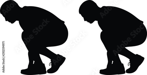 Man crouching in deep squat exercise posture silhouette set, fitness workout training vector illustration isolated