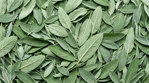 Fresh green sage leaves close up texture background.