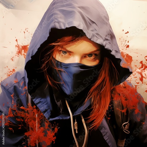 Determined Red-Haired Woman in Blue Hooded Streetwear