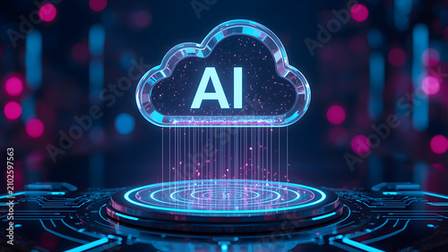 Artificial Intelligence cloud computing concept, futuristic AI technology icon on digital circuit platform, glowing blue data network background