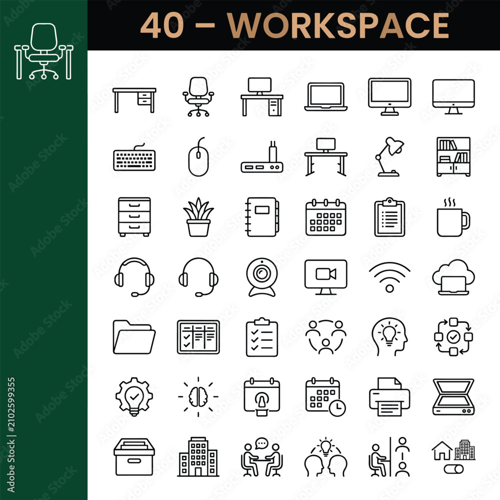 Fototapeta premium Modern Workspace Line Icons Set, 40 Office Equipment and Remote Work Vector Symbols, Minimalist Business Stationery and Desk Accessory Graphics