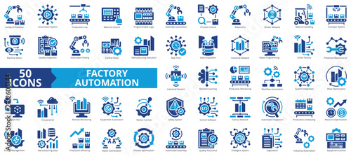 factory automation icon pack flat illustration contains production line, control panel, programmable logic, material handling, predictive maintenance, industrial iot, digitalization, and robotics