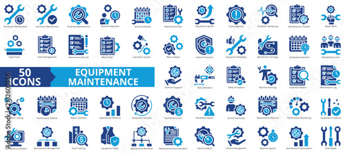 equipment maintenance icon pack flat illustration contains fault diagnosis, crew, preventive, corrective, predictive, spare parts, work order, wear analysis, system, inspection, service and repair