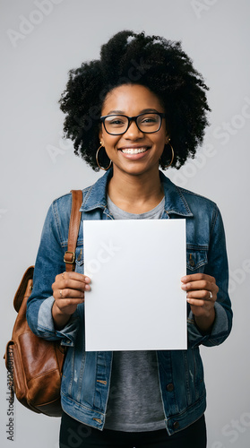 Smiling young black woman with curly afro hair wearing glasses and a denim jacket holding a blank white paper poster mockup