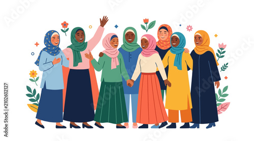 Fotografía Diverse group of happy Muslim women standing together in traditional hijab clothing