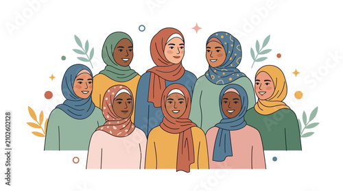 Obraz na plátně Group of diverse young women wearing colorful hijabs standing together in a friendly illustration
