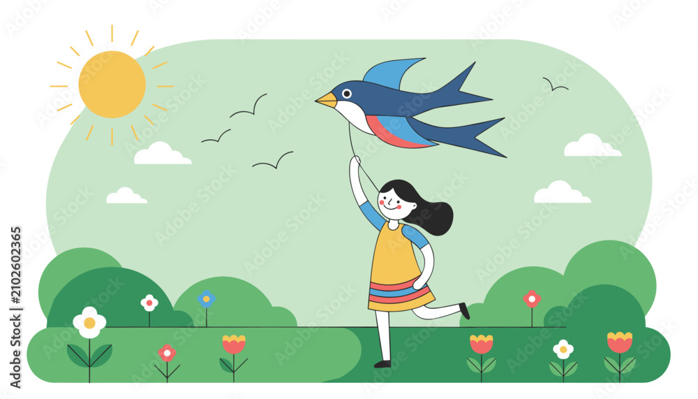 Fototapeta premium Happy young girl running in a sunny green meadow while flying a colorful bird shaped kite high in the blue sky.