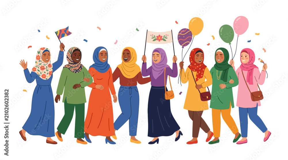 Fototapeta premium Group of diverse happy Muslim women celebrating together with balloons and flags.
