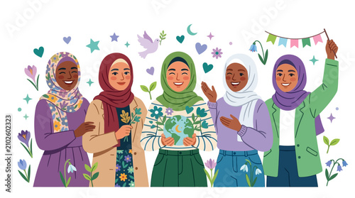 Принти на полотні Diverse group of happy women wearing hijabs celebrating earth day with flowers and nature elements