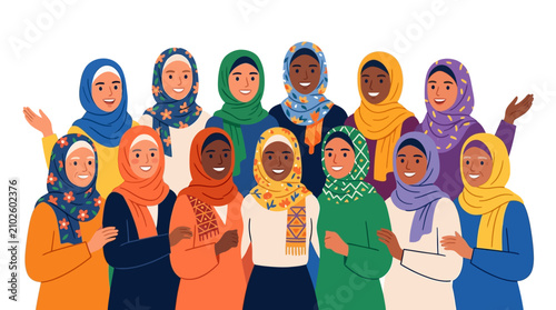 Quadro su tela Diverse group of happy Muslim women wearing colorful hijabs standing together smiling
