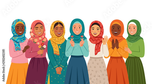 Fotografía Group of diverse happy young women wearing colorful hijabs and modest clothing standing together
