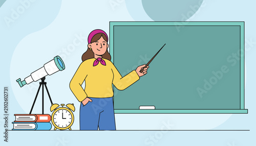 Female school teacher standing in front of a green chalkboard pointing with a stick in a science classroom.