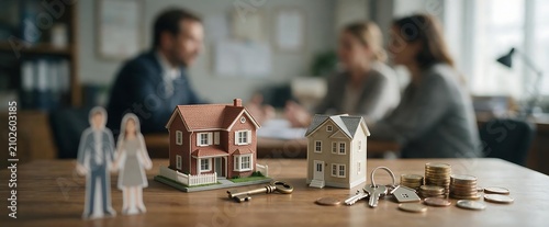 A legal professional meeting with a couple regarding a property division, two small house models, a paper couple figure, a key, and coins on a wooden desk.