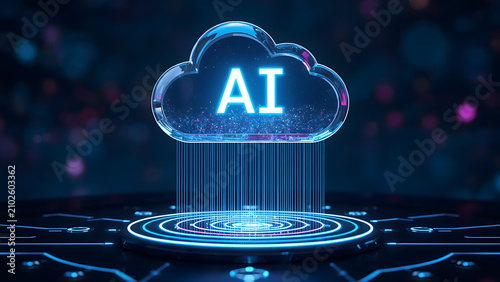 Artificial intelligence cloud computing concept, glowing AI text in digital cloud icon, futuristic data storage and machine learning technology
