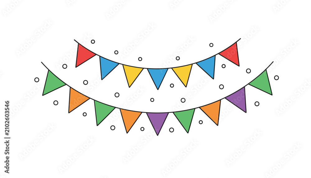 Obraz premium Two hanging strands of colorful triangular party flags surrounded by white confetti over a clean white background.