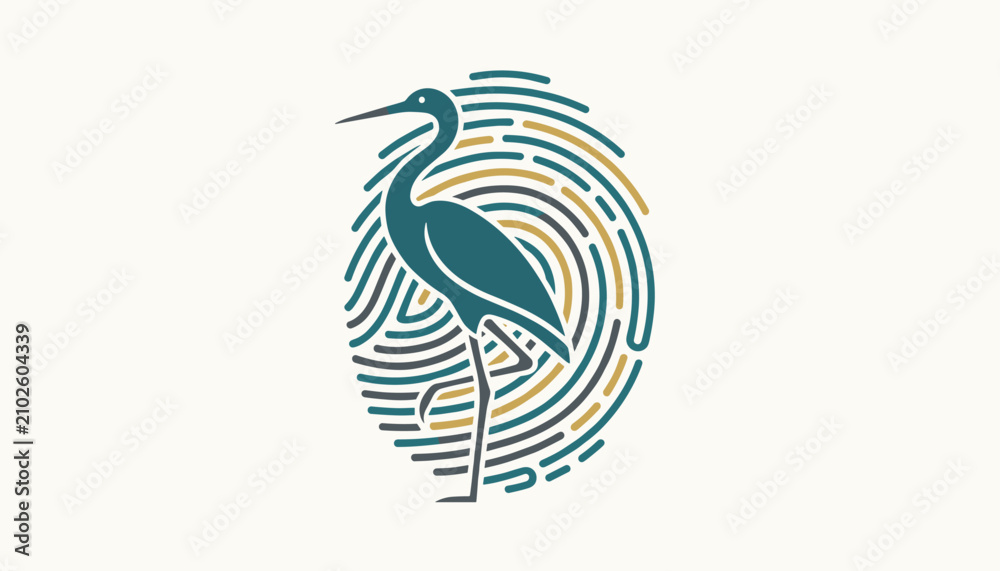 Obraz premium Stylized illustration of a majestic blue heron standing gracefully in front of a circular fingerprint pattern.