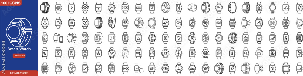 Fototapeta premium Smart Watch Line Icon Set. Containing Icons for Fitness Tracking, Heart Rate Monitoring, Smart Notifications, and Health Biometrics