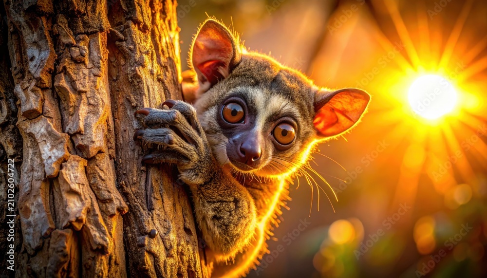 Fototapeta premium Curious small primate peeking from tree at golden sunset