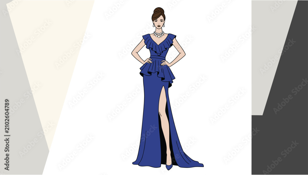 Obraz premium Fashion sketch of an elegant woman wearing a beautiful royal blue evening gown with a high slit and ruffles.