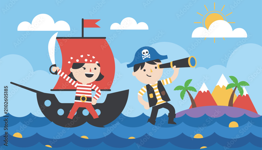 Naklejka premium Adventurous pirate children sail on their ship and look out to a tropical treasure island under a bright sunny sky.