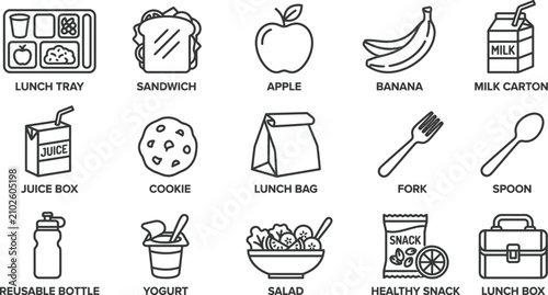 Back to school lunch essentials icons of food containers and utensils for students