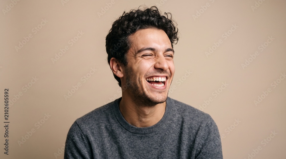 Obraz premium Cheerful young man laughing out loud looking away candid studio portrait