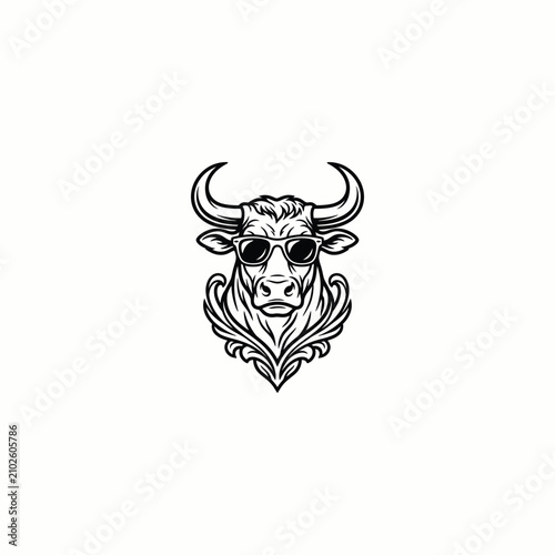 Cool Bull Head with Sunglasses and Ornate Details Illustration