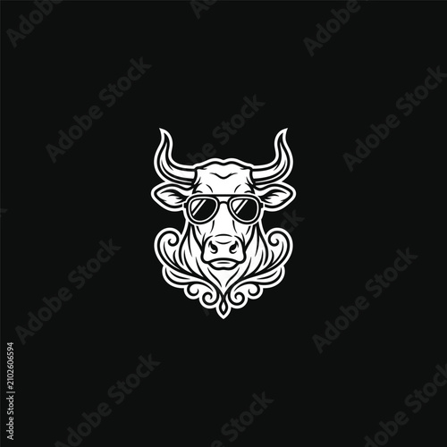 Cool Bull Head Vector Logo with Sunglasses and Filigree