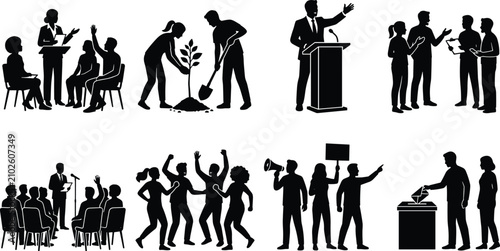 Civic Engagement and Community Activism Silhouette Icon Set for Voting Democracy and Volunteering