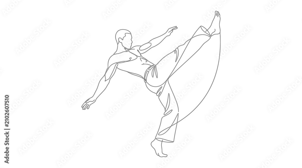 Fototapeta premium Dancer strikes a high leg extension pose captured as a fluid continuous line art graphic illustration.