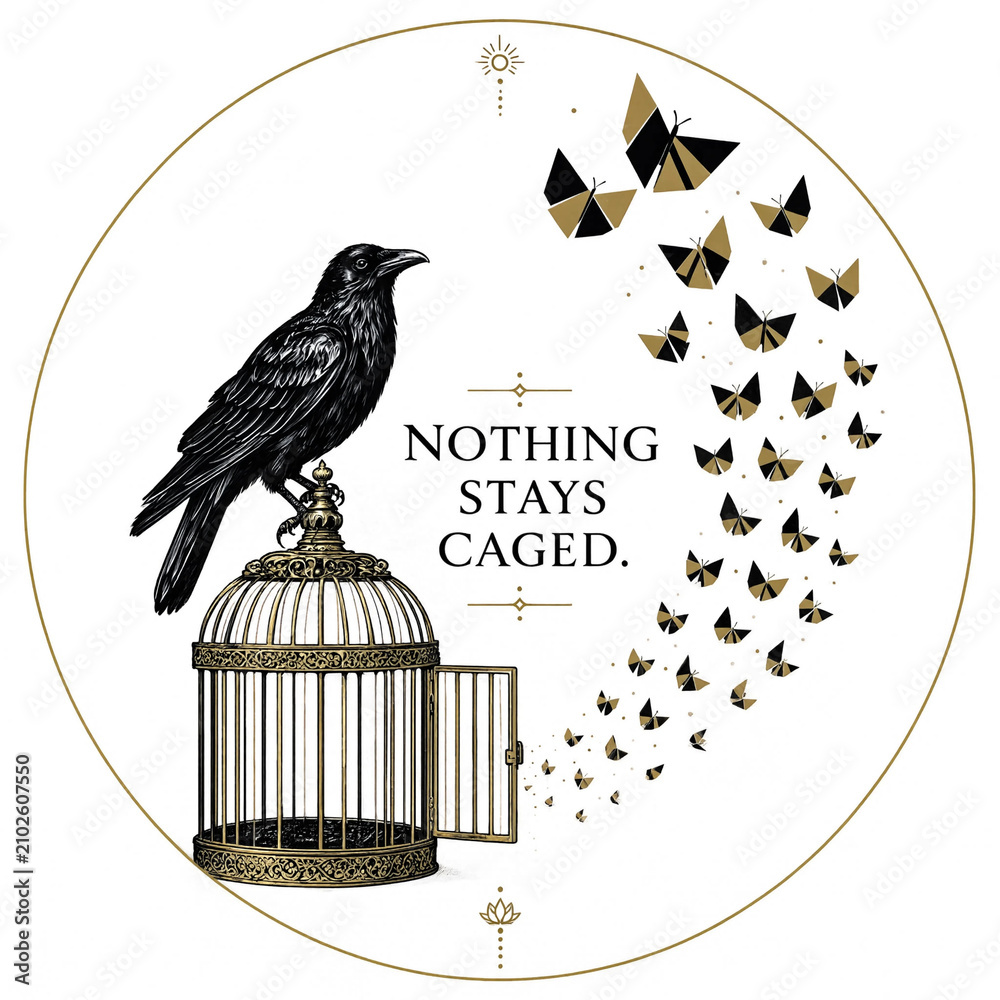Obraz premium Raven perched on open birdcage with flying butterflies. Symbolic freedom concept illustration with black bird and nature elements.