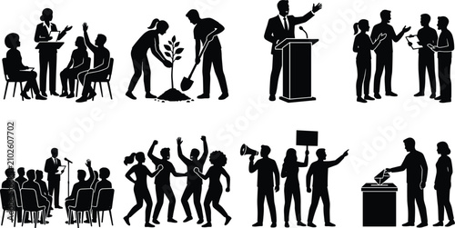 Civic Engagement and Community Activism Silhouette Set for Voting Democracy and Environmental Volunteering