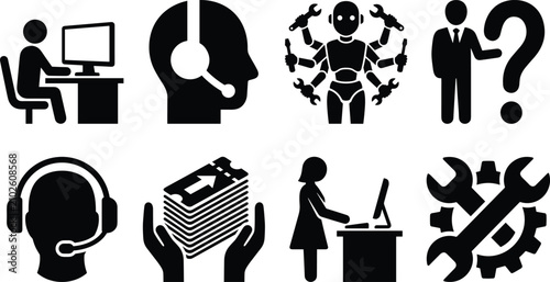 Customer Support and Technical Helpdesk Icon Set for Business Service Automation and Assistance