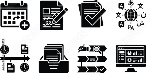 Bild auf Leinwand Content localization and document translation icon set with editing workflow tra