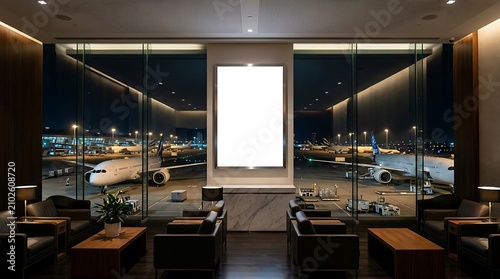 Modern airport lounge interior with a large blank vertical advertising billboard at night.