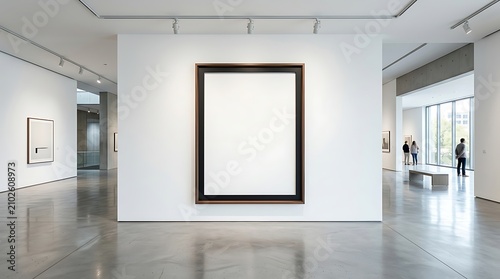 Large empty picture frame hanging on a white wall in a modern art gallery.