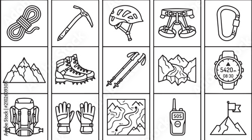 Obraz na płótnie Mountain climbing gear icons set, 15 mountaineering equipment line art vectors,