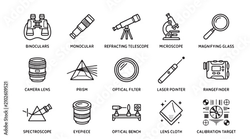 Картината върху платно Optical instruments line icons set, 15 science and physics equipment vector symb