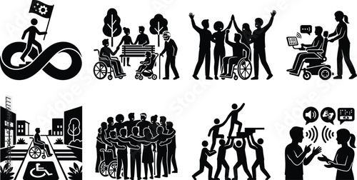 Cuadro en lienzo Diversity and inclusion icon set featuring vector silhouettes of disability acce