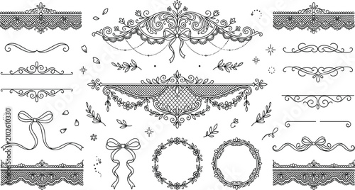 Vintage Luxury Filigree Wedding Ornament Element Set with Elegant Lace Borders, Decorative Ribbons, Circular Wreaths, and Classical Flourish Swirl Dividers