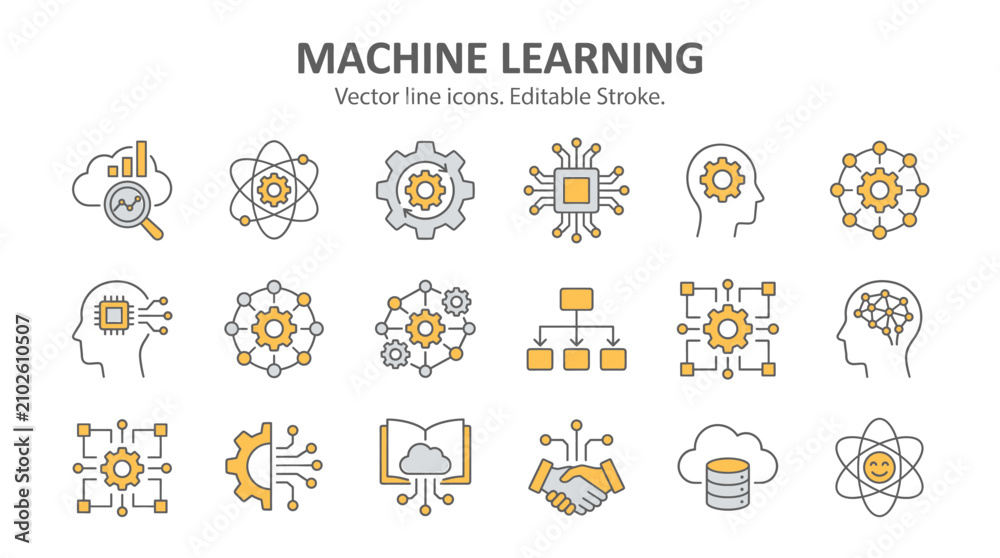 Fototapeta premium Set of thin line icons for machine learning and artificial intelligence technology concepts with yellow accents