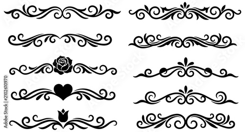 Collection of decorative black flourishes and ornate borders with floral and heart motifs scroll