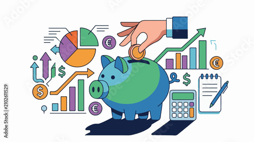 Piggy bank with financial charts and a hand depositing a coin