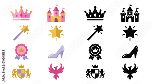 Photography Set of colorful and silhouette icons representing royalty, magic, and fantasy elements like crowns, castles, and fairy godmother wands
